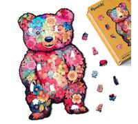 Figured'Art Puzzle in Legno di Animali per Adulti e Bambini, 200 Pezzi - Orsacchiotto Floreale - Design Originale 21,6x36 cm Forme Uniche, Confezione Premium in Legno, Idea regalo
