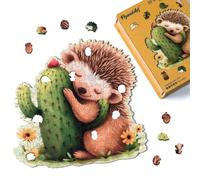 Figured'Art Puzzle in Legno di Animali per Adulti e Bambini, 200 Pezzi - Riccio e Cactus - Design Originale 28,2x28,5 cm Forme Uniche, Confezione Premium in Legno, Idea regalo