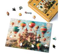 Figured'Art Puzzle in Legno per Adulti e Bambini, 200 Pezzi - Castello e Mongolfiere - Design Originale 32x22 cm Forme Uniche, Confezione Premium in Legno, Idea regalo