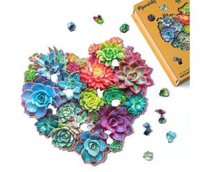 Figured'Art Puzzle in Legno per Adulti e Bambini, 200 Pezzi - Cuore di Succulente - Design Originale 29x27,8 cm Forme Uniche, Confezione Premium in Legno, Idea regalo