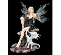 Figuren Shop GmbH Figura d'elfo Nyra l'elfo d'ombra con drago, decorazione fantasy dipinta a mano (43 cm), collezione Tales of Aurelion, idea regalo mistica per gli appassionati di elfi e draghi