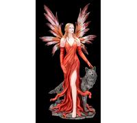 Figuren Shop GmbH Figura dell'elfo - Fata del fuoco con lupo nero - Decorazione fantasy dipinta a mano (63 cm) - Tales of Aurelion Collection - Idea regalo per i segni di fuoco e gli appassionati di