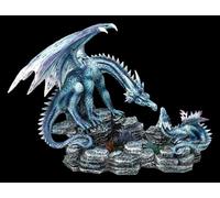 Figuren Shop GmbH Statuetta di drago - Drago blu con cucciolo su roccia di cristallo - Decorazione fantasy dipinta a mano (18,5 cm) - Tales of Aurelion Collection - Idea regalo per gli appassionati di