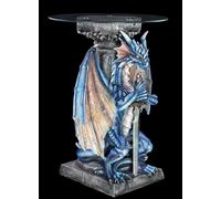 Figuren Shop GmbH Tavolo drago - Drago blu con spada come tavolino fantasy con piano in vetro, 83 cm, accattivante per soggiorno