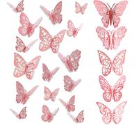 FIHODONE 60 Pezzi Farfalle Decorative Adesivi Murali 3D Oro Rosa,Farfalle Decorazioni Torta Compleanno Cinque Stili,Decorazioni Casa Tre Misure Adesivi Decorativi Topper Torta Compleanno