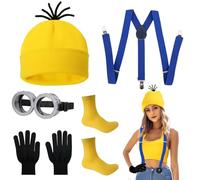 FIHODONE Divertente costume da Minion giallo per adulti, 6 pezzi, per adulti, donne, uomini, con occhiali da Minion, berretto, guanti, bottoni, bretelle e calzini, per cosplay, feste di Halloween