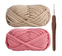Filato per t-shirt per uncinetto, 2 x 100 g, filato grosso per uncinetto, con gancio da 6 mm, perfetto per progetti all'uncinetto, per principianti, tessuto elastico per fai da te (cachi)