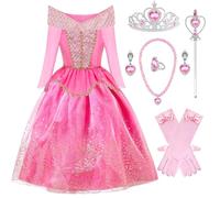 Filles Aurore Robe de Princesse Deguisement Aurore Déguisement de La Belle au Bois Dormant avec Couronne Anniversaire Fête Halloween Noël Partie Carnaval Cosplay Robe de Soirée,100cm