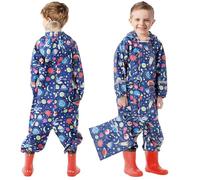 FILOWA Bambini Impermeabile Pioggia Bambino Antipioggia con Cappuccio Ragazzo Tuta Portatile Jogging Tutto in Uno Poncho Giacche Impermeabili Ragazzi 3-5 Anni, Blu Navy Pianeta