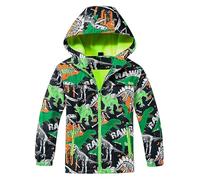 FILOWA Giacca Impermeabile per Ragazzi Giacca da Pioggia Foderato in Pile Bambino Antipioggia Softshell Giubbotto con Cappuccio Dinosauri Impermeabile Cappotto Calda Primavera Autunno 5-6 anni, Verde