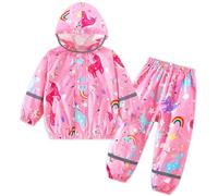 FILOWA Tuta Impermeabile Bambina Ragazze Antipioggia Completo con Cappuccio Rosa Unicorno Leggero Impermeabili Giacca & Pantaloni con Strisce Riflettenti Tuta Pioggia Waterproof Abbigliamento 4-5 anni