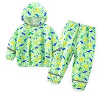 FILOWA Tuta Impermeabile Bambino con Cappuccio Leggero Antipioggia Giacca & Pantaloni Impermeabili con Strisce Riflettenti Tascabile Verde Dinosauro Tuta Pioggia Completo per Bambini Ragazzi 1-2 anni