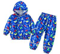 FILOWA Tuta Impermeabile Bambino con Cappuccio Leggero Antipioggia Giacca & Pantaloni Impermeabili con Strisce Riflettenti Tascabile Blu Dinosauro Tuta Pioggia Completo per Bambini Ragazzi 4-5 anni