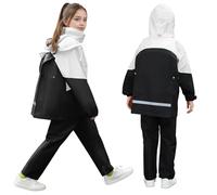 FILOWA Tuta Impermeabile con Cappuccio Bambina Tuta Antipioggia Completo Impermeabili Giacca & Pantaloni con Borsa Portatile Tuta Pioggia Waterproof Abbigliamento per Adolescenti 11-12 anni, Nero