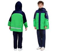 FILOWA Tuta Impermeabile Ragazzo Antipioggia Completo con Cappuccio Impermeabili Giacca & Pantaloni con Borsa Portatile Tuta Pioggia Campeggio Primavera Waterproof Abbigliamento 13-14 anni, Verde