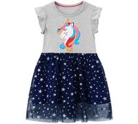 FILOWA Vestito Bambina Abiti Ragazza Grigio Unicorno Paillettes Ricamo Cotone Tulle Floral Applique Maglia Stella Collo Rotondo Primavera Estate Manica Corta T-Shirt Abito Bimba 4-5 Anni