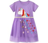 FILOWA Vestito Bambina Abiti Ragazza Viola Unicorno Paillettes Ricamo Cotone Tulle Floral Maglia Applique Belle Primavera Estate Collo Rotondo Manica Corta T-Shirt Abito Bimba 3-4 Anni