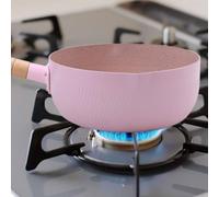 Filteilect Maifan Stone - Casseruola con coperchio, 18/20 cm, piccola, per cucina, corpo in alluminio con manico in legno, compatibile con induzione, gas ed elettrico (rosa, 20 cm)