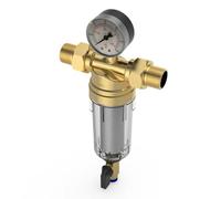 filtro meccanico, finezza 40 μm, con manometro e autopulente, parte superiore in ottone, impedisce il risciacquo di corpi estranei (3/4")"}