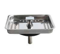 Filtro quadrato in acciaio inox per lavello da cucina con tappo in gomma, progettato per filtrare i rifiuti e prevenire l'intasamento negli scarichi della cucina