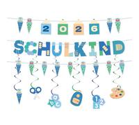 FIMJEP Decorazione per l'inizio della scuola 2026- Banner 'Schulkind', Stendardo Lettere Blu, Stendardo Motivo Blu, 6 Spirali e 6 Cartoncini Spirale in Carta, Decorazioni per il Primo Giorno di Scuola