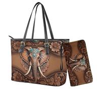 Finagallathe Borsa grande da donna e portafoglio in pelle PU con portafoglio da polso per donna, Marrone - Elefante