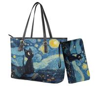 Finagallathe Grazioso set di borsa e portafoglio da donna, alla moda, in pelle, con cinturino regolabile e portafoglio da polso, Blu - Gatto stellato