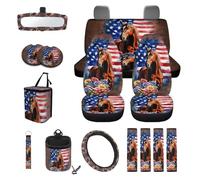 Finagallathe Set completo di coprisedili per auto con stampa floreale con cavallo e bandiera americana, coprisedili anteriori e posteriori, copertura decorativa per volante per il giorno