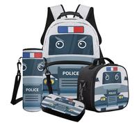 Finagallathe Set con zaino e borsa per il pranzo, grande capacità, con custodia per bottiglia d'acqua, Blu - Auto della polizia, Set di zaini per la scuola
