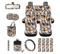 Finagallathe Set di 15 coprisedili per interni auto, con stampa di cani in stile cartone animato, coprisedili con schienale alto, coprivolante, cuscinetti per cintura di sicurezza, borsa della