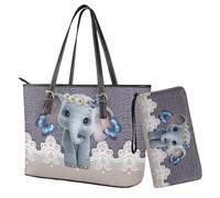 Finagallathe Set di 2 borse e portafogli da donna, alla moda, in pelle PU, con tracolla regolabile, Viola e Grigio - Elefante Farfalla