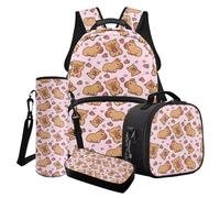Finagallathe Set di 4 zaini per bambini per ragazze, zaini per il ritorno a scuola con scatola per il pranzo, astuccio per matite e borsa per bottiglia d'acqua, Rosa e Marrone - Capibara, Set di zaini