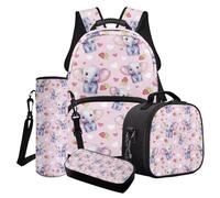 Finagallathe Set di 4 zaini per bambini per ragazze, zaini per il ritorno a scuola con scatola per il pranzo, astuccio per matite e borsa per bottiglia d'acqua, Rosa e Grigio - Elephant Strawberry
