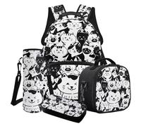 Finagallathe Set di 4 zaini per bambini per ragazze, zaini per il ritorno a scuola con scatola per il pranzo, astuccio per matite e borsa per bottiglia d'acqua, Bianco e Nero - Cartoon Cat, Set di