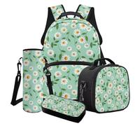 Finagallathe Set di 4 zaini per bambini per ragazze, zaini per il ritorno a scuola con scatola per il pranzo, astuccio per matite e borsa per bottiglia d'acqua, Verde e Bianco - Margherita, Set di