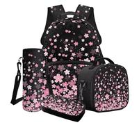Finagallathe Set di 4 zaini per la scuola per bambini, grande capacità, con borsa per il pranzo, astuccio, borsa per bottiglia d'acqua, per ragazze, Nero e rosa - Cherry Blossom, Set di zaini per la