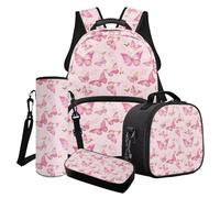 Finagallathe Set di 4 zaini per la scuola per bambini, grande capacità, con borsa per il pranzo, astuccio, borsa per bottiglia d'acqua, per ragazze, Rosa - Farfalla, Set di zaini per la scuola