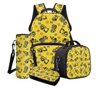 Finagallathe Set di 4 zaini per la scuola per bambini, set con astuccio per la scuola, borsa per bottiglia d'acqua per la scuola elementare, Giallo - Camion, Set di zaini per la scuola