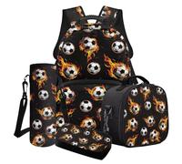 Finagallathe Set di 4 zaini per la scuola per bambini, set con astuccio per la scuola, borsa per bottiglia d'acqua per la scuola elementare, Nero - Fire Football, Set di zaini per la scuola