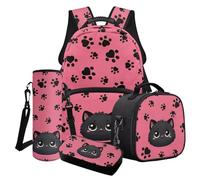 Finagallathe Set di 4 zaini per la scuola per bambini, zaino di grande capacità con borsa per il pranzo, astuccio, borsa per bottiglia d'acqua per ragazze, Rosa e Nero - Cartoon Cat Animal Paw, Set di