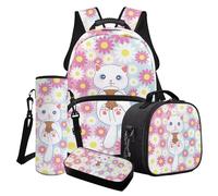 Finagallathe Set di 4 zaini per la scuola per bambini, zaino di grande capacità con borsa per il pranzo, astuccio, borsa per bottiglia d'acqua per ragazze, Rosa e Bianco - Gatto Margherita, Set di