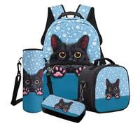 Finagallathe Set di 4 zaini per la scuola per bambini, zaino di grande capacità con borsa per il pranzo, astuccio, borsa per bottiglia d'acqua per ragazze, Blu e Nero - Simpatico Gatto, Set di zaini