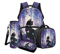 Finagallathe Set di 4 zaini per la scuola per bambini, zaino di grande capacità con borsa per il pranzo, astuccio, borsa per bottiglia d'acqua per ragazze, Viola e nero - Farfalla gatto, Set di zaini