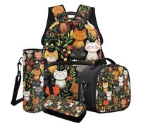 Finagallathe Set di 4 zaini per la scuola per bambini, zaino di grande capacità con borsa per il pranzo, astuccio, borsa per bottiglia d'acqua per ragazze, Multi - gatto dei cartoni animati, Set di
