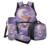 Finagallathe Set di 4 zaini per la scuola per bambini, zaino di grande capacità e portapranzo, con astuccio e borsa per tazza, Viola - Mucca Highland Lavanda Daisy, Set di zaini per la scuola