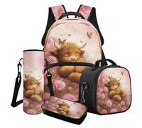 Finagallathe Set di 4 zaini per la scuola per bambini, zaino di grande capacità e portapranzo, con astuccio e borsa per tazza, Rosa e marrone - Farfalla di mucca delle Highlands, Set di zaini per la