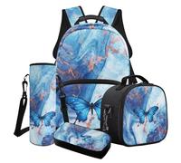 Finagallathe Set di 4 zaini per la scuola per bambini, zaino di grande capacità e portapranzo, con astuccio e borsa per tazza, Blu - Farfalla in marmo, Set di zaini per la scuola