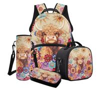 Finagallathe Set di 4 zaini per la scuola per bambini, zaino di grande capacità e portapranzo, con astuccio e borsa per tazza, Arancione - Highland Cow Boho Mandala Flower, Set di zaini per la scuola