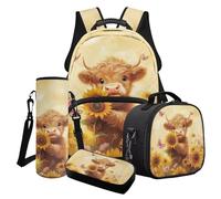 Finagallathe Set di 4 zaini per la scuola per bambini, zaino di grande capacità e portapranzo, con astuccio e borsa per tazza, Marrone - Girasole Highland Cow, Set di zaini per la scuola