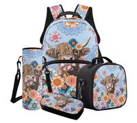 Finagallathe Set di 4 zaini per la scuola per bambini, zaino di grande capacità e portapranzo, con astuccio e borsa per tazza, Blu - Highland Cow Boho Mandala Flower, Set di zaini per la scuola